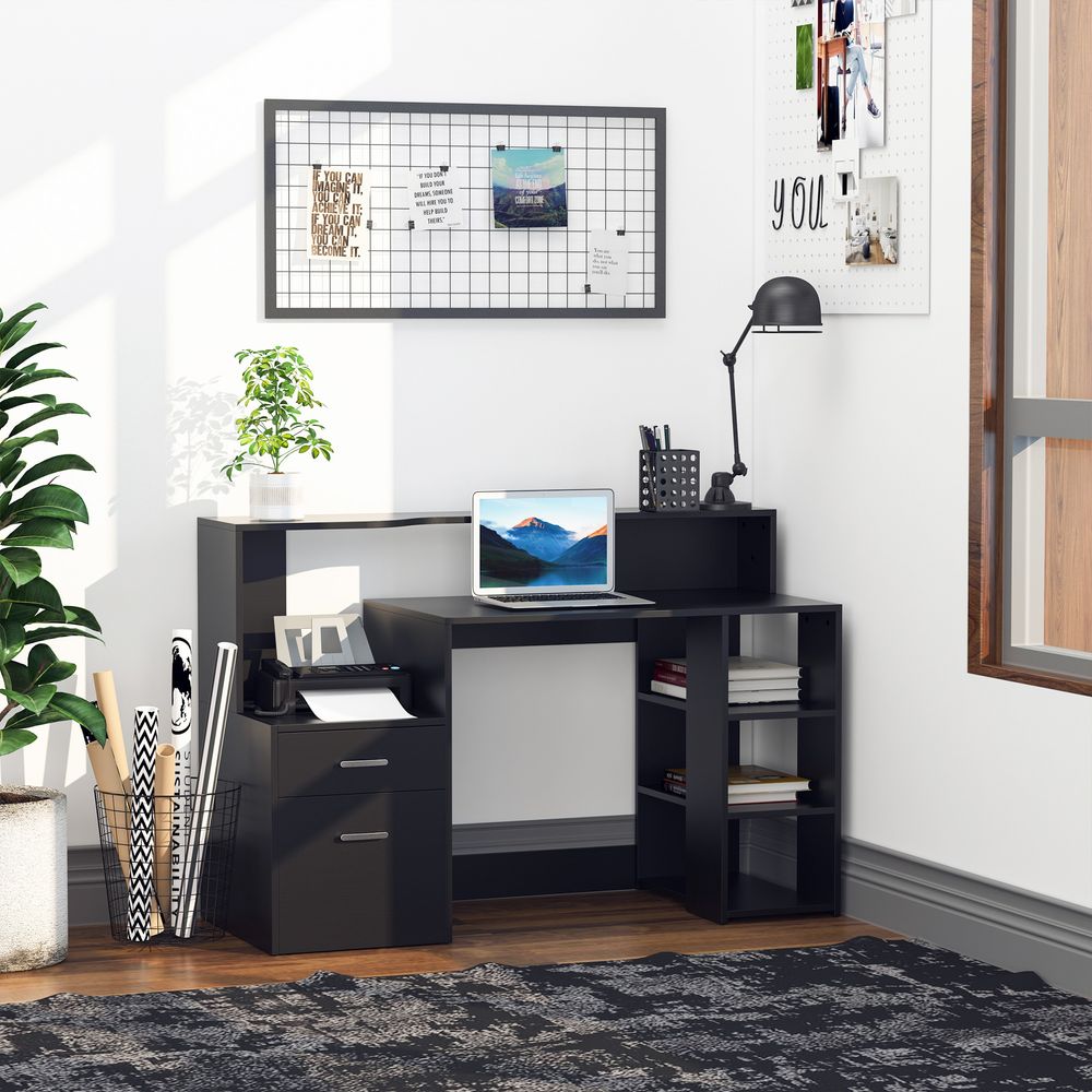 Black Multi-Storage Workstation Desk Table with Storage Shelves for Office Use