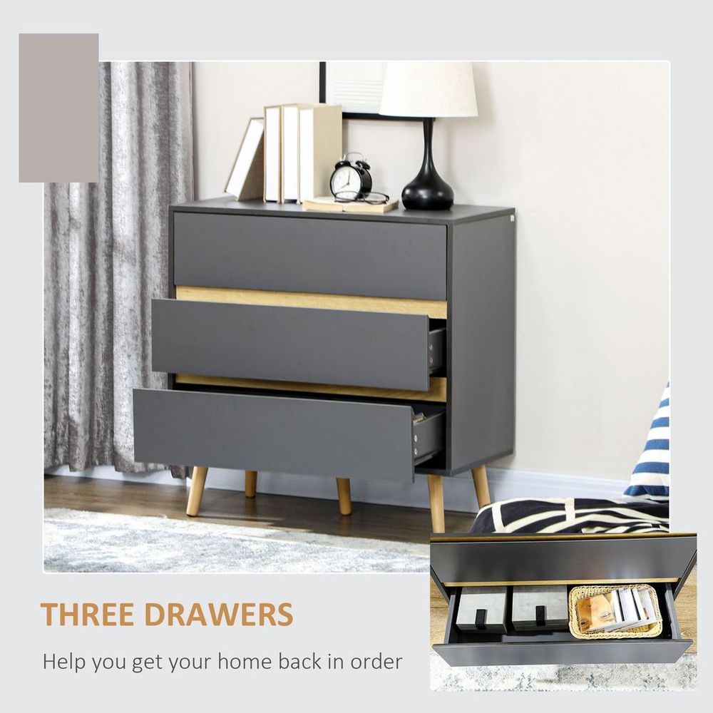Dark Grey 3-Drawer Chest of Drawers, Organiser for Bedroom Essentials and Decor