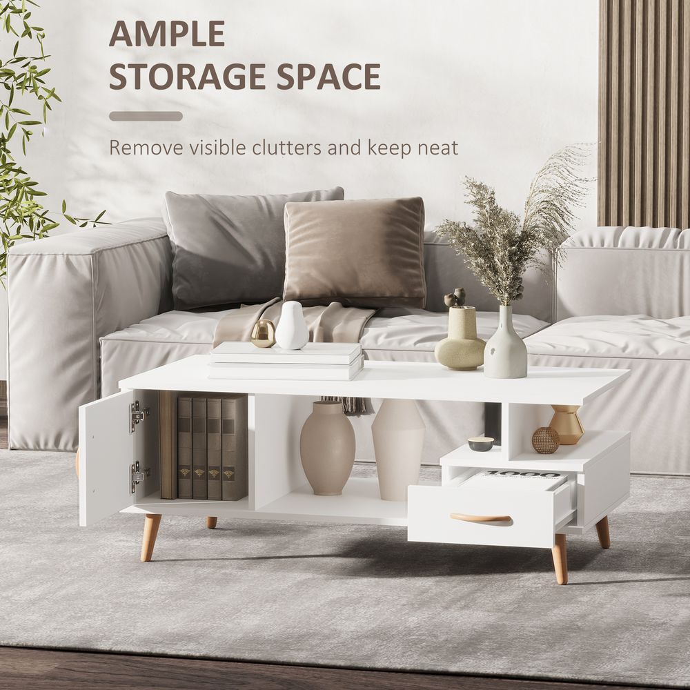 Coffee Table with Storage, Shelf, and Drawer, White Sofa Side Table