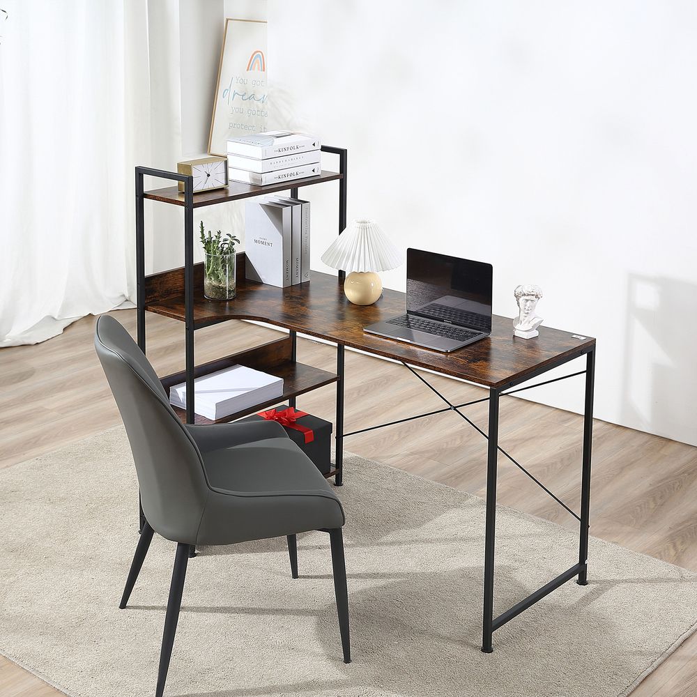 Retro Industrial Computer Desk with 4-Tier Storage Shelf Metal Frame, Brown