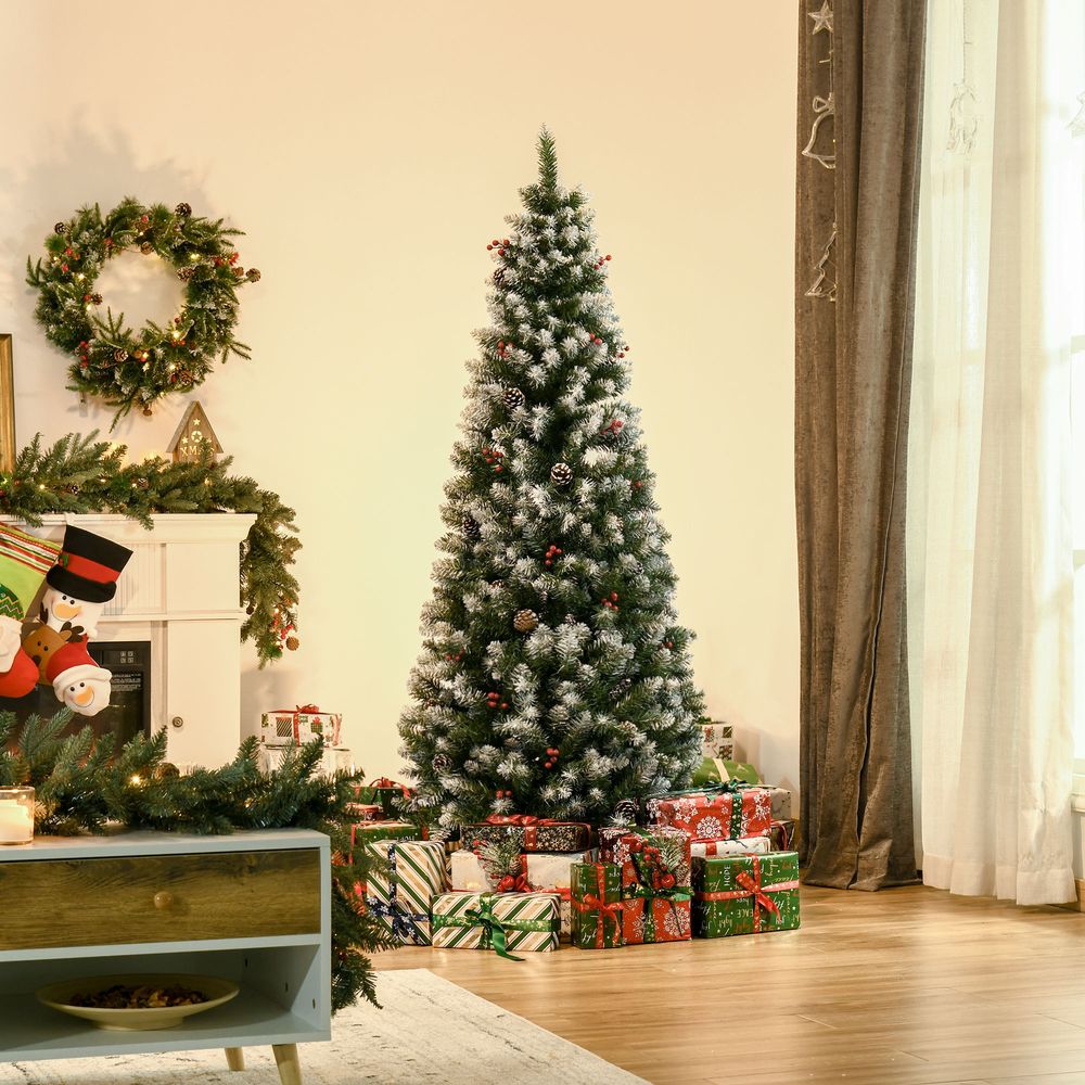 6FT Artificial Christmas Pencil Tree with Berries, Pinecones, and Foldable Feet in Green