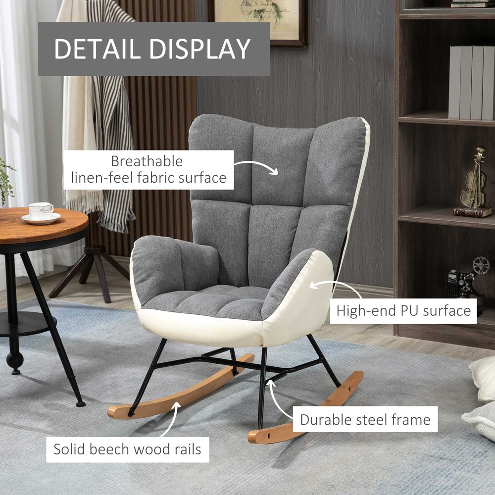 Grey and Cream Upholstered Wingback Rocking Chair for Comfortable Nursery Use