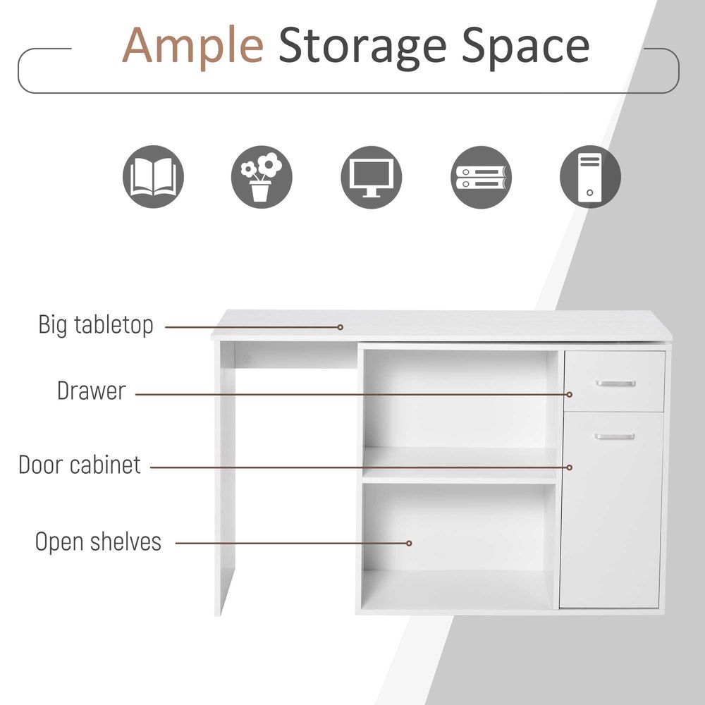 L-Shaped White Computer Desk with 360-Degree Rotating Functionality for Efficient Workspace