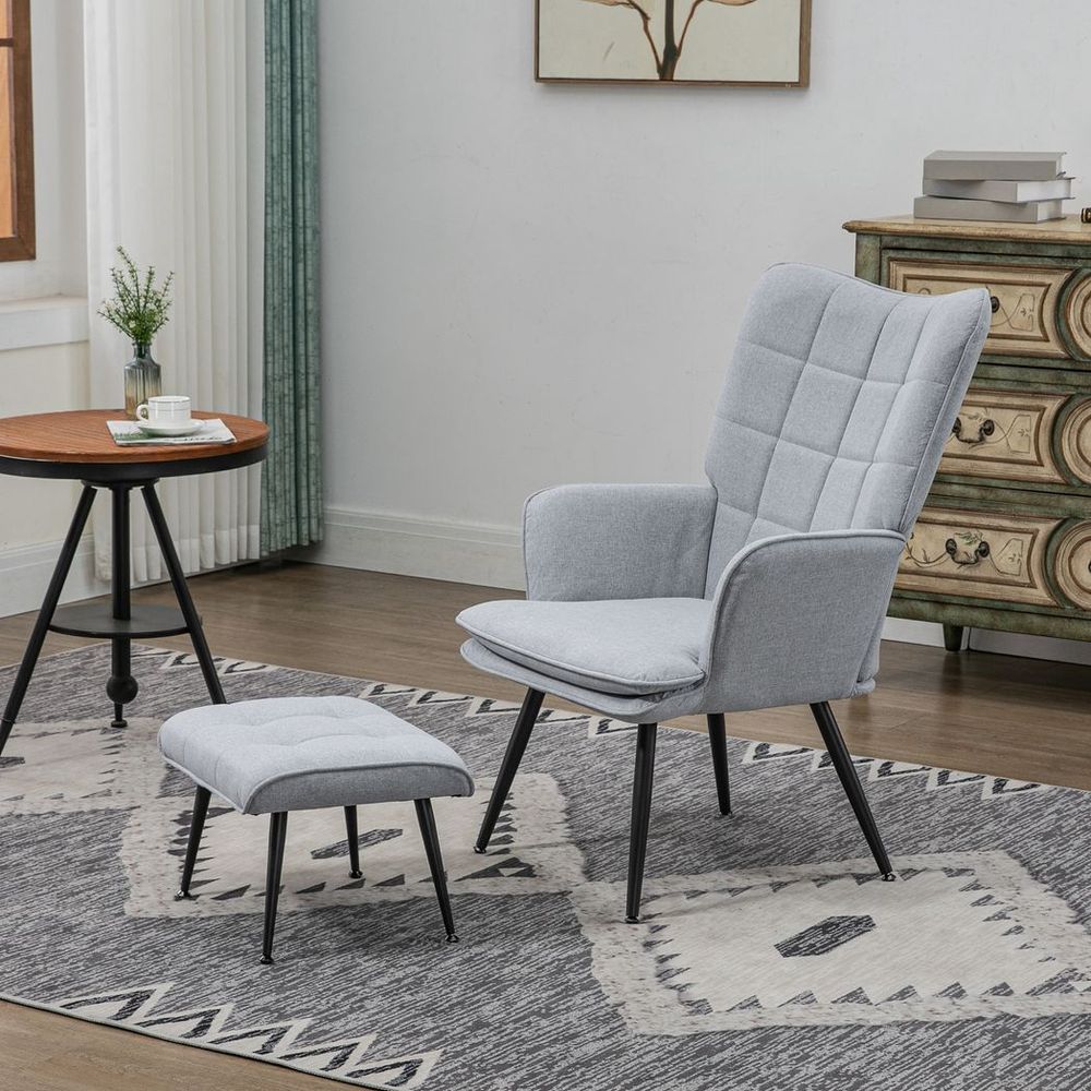 Light Grey Living Room Chair with Footstool and Sturdy Steel Legs for Style