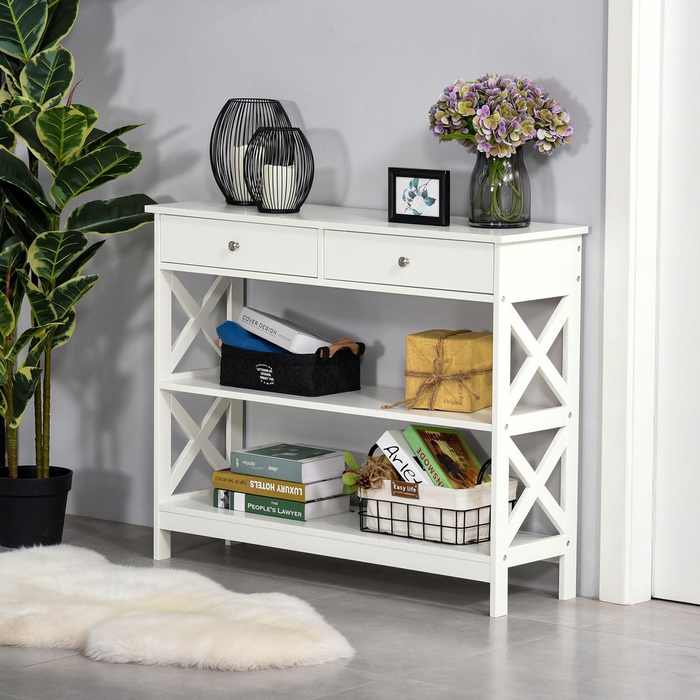 White Console Table with Open Top, Side Desk and Shelves, Perfect for Hallway Storage