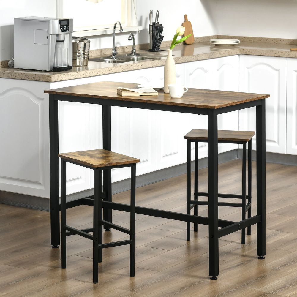 Rustic Brown 3-Piece Industrial Bar Table Set with 2 Stools for Counter Height
