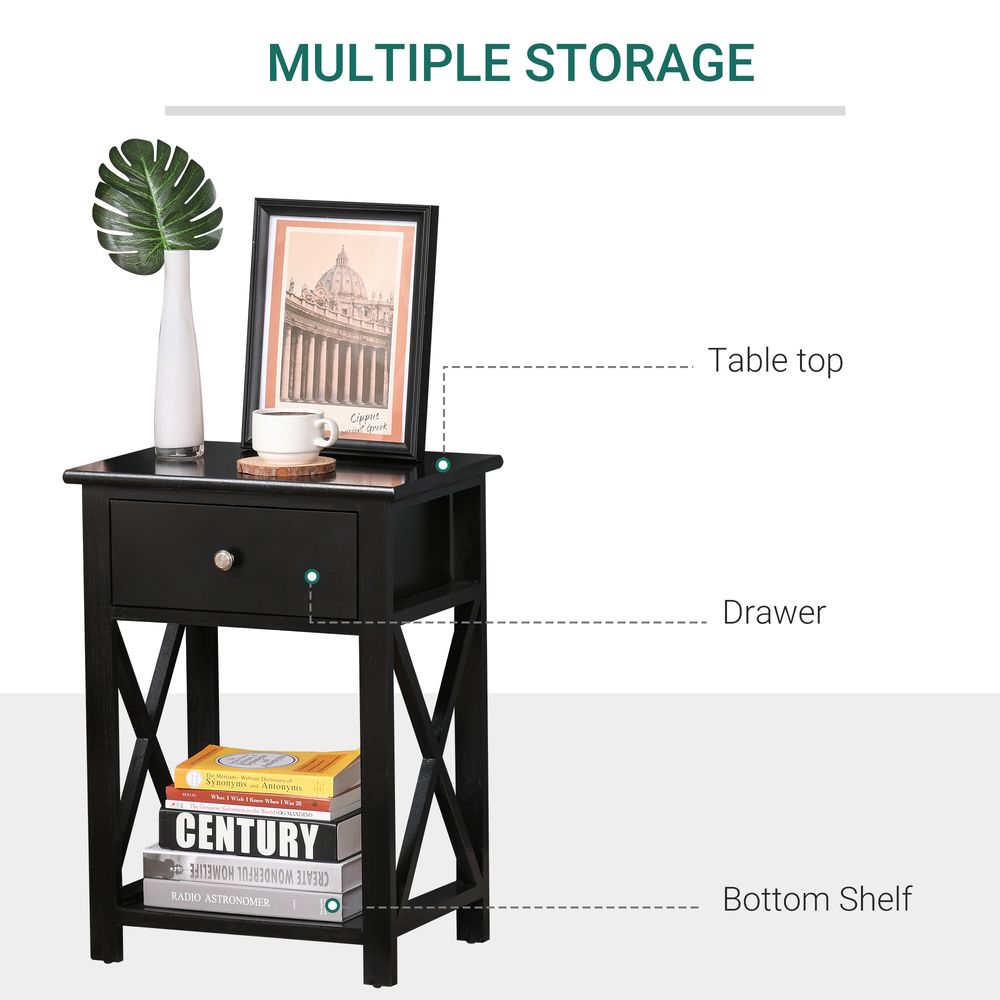 Black MDF 2-Tier Side Table with Drawer - Stylish Storage Solution for Homes