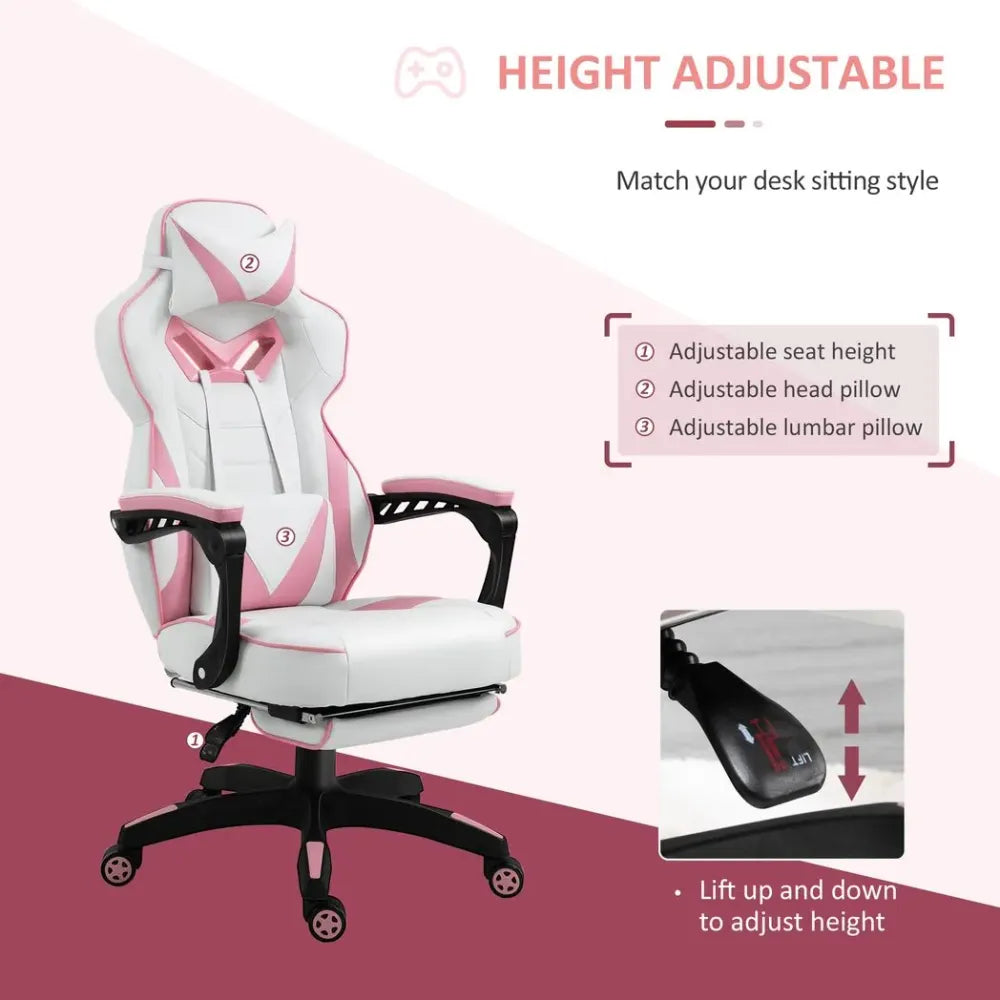 Pink Ergonomic Gaming Chair with Manual Footrest and Wheels for Stylish Offices
