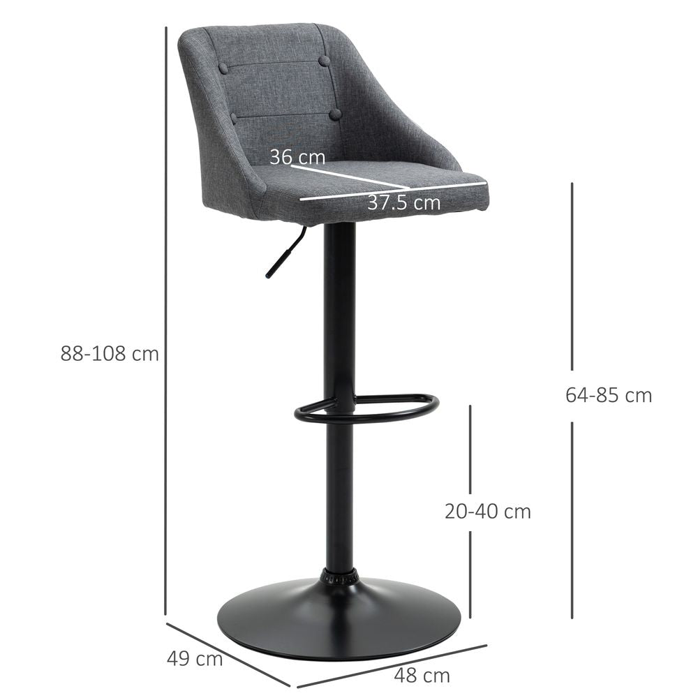 Set of 2 Grey Swivel Bar Stools: Adjustable Height Fabric Chairs