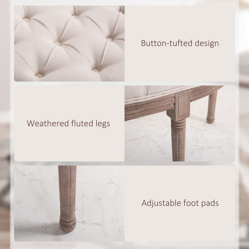 Cream Half-Circle End Bench Ottoman Footstool with Button Tufted Padded Seat
