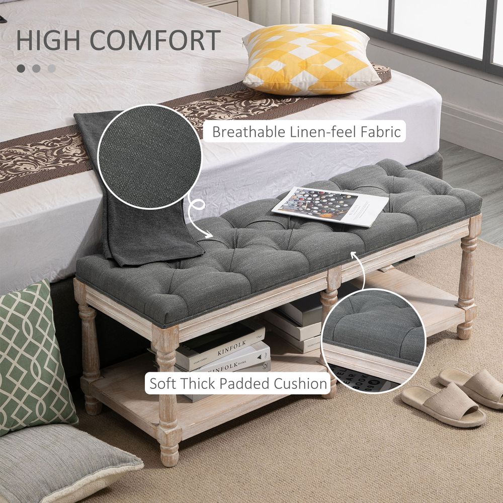 Grey 2-Tier Bed End Bench with Vintage Button Tufted Design for Elegant Window Seating