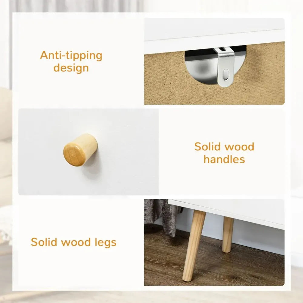 White 3-Drawer Chest of Drawers with Wooden Legs, Stylish Storage Organiser for Bedrooms