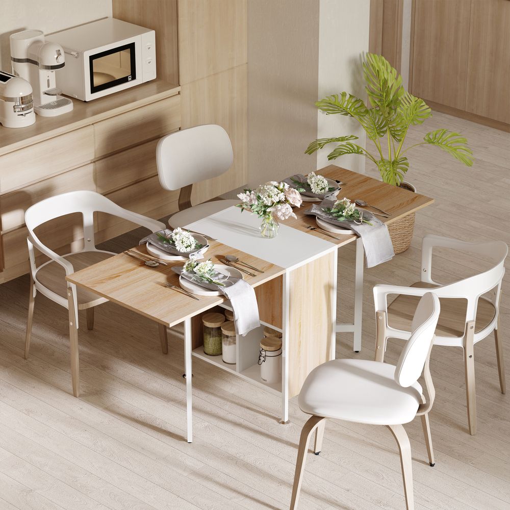 Oak and White Folding Computer Desk with Storage Shelves for Home Office Use