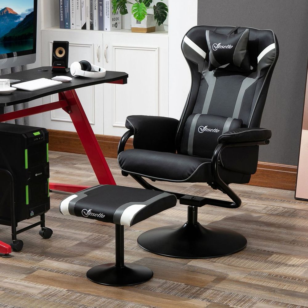 Deep Grey Racing Style Video Game Chair with Footrest Set and Pedestal Base