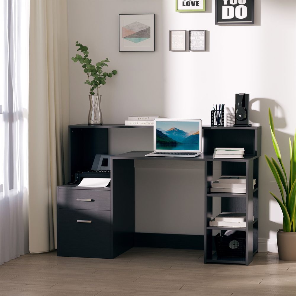 Black Multi-Storage Workstation Desk Table with Storage Shelves for Office Use