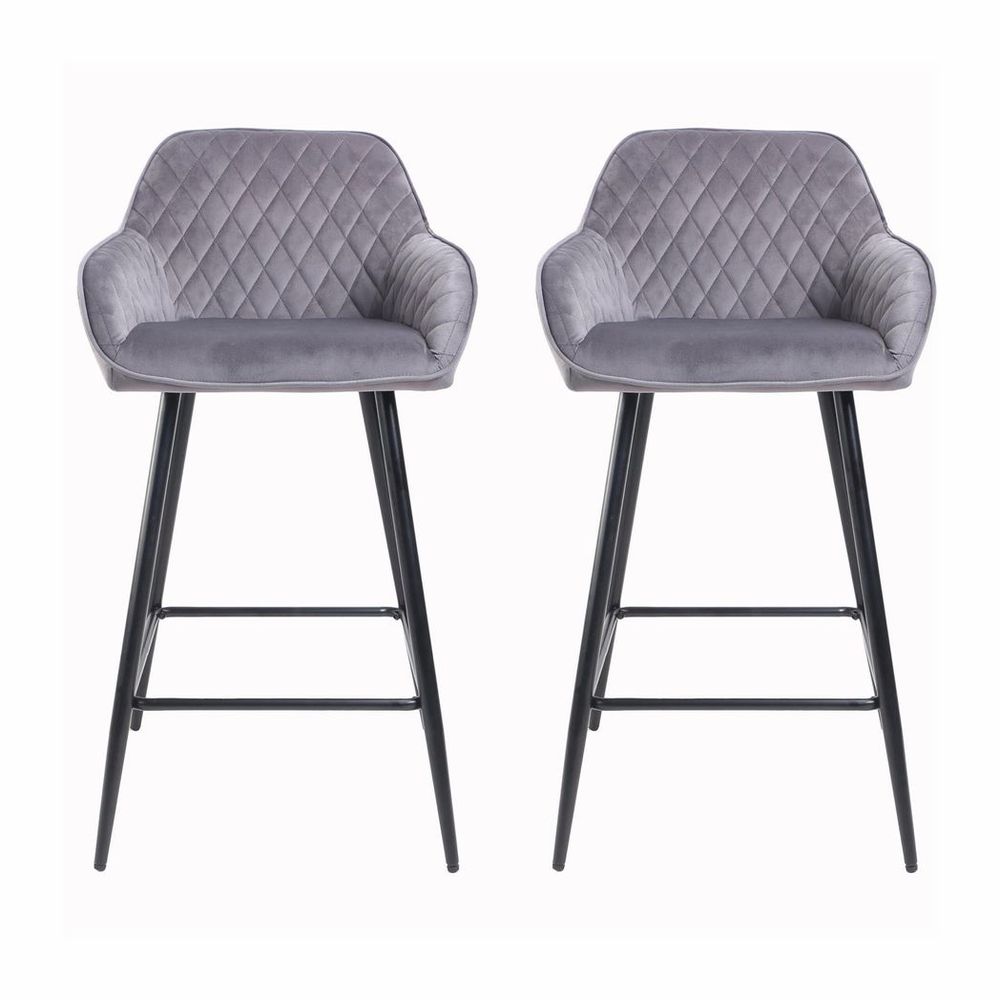 Set of Two Cadiz Dark Grey Crushed Velvet Bar Stools with Black Metal Leg