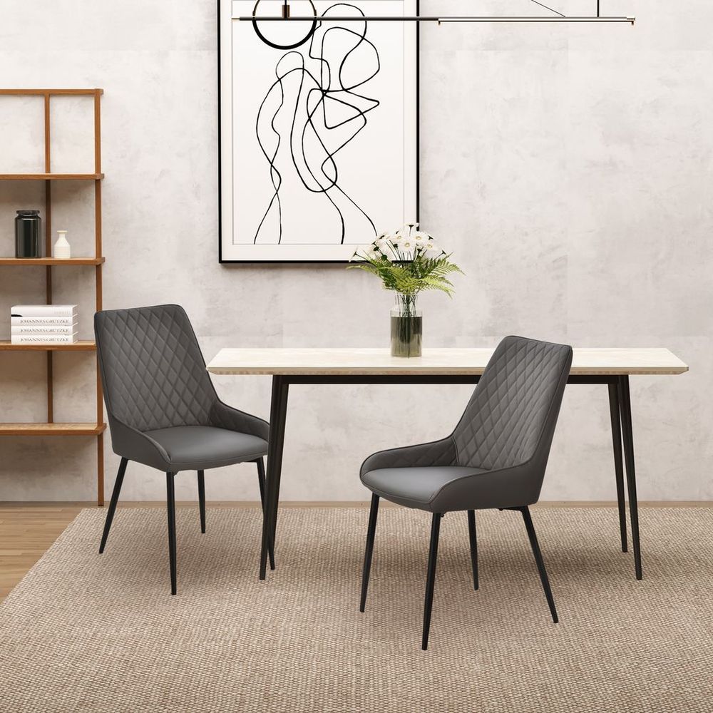 Set of 2 Quilted PU Leather Dining Chairs with Metal Frame and 4 Legs, Grey