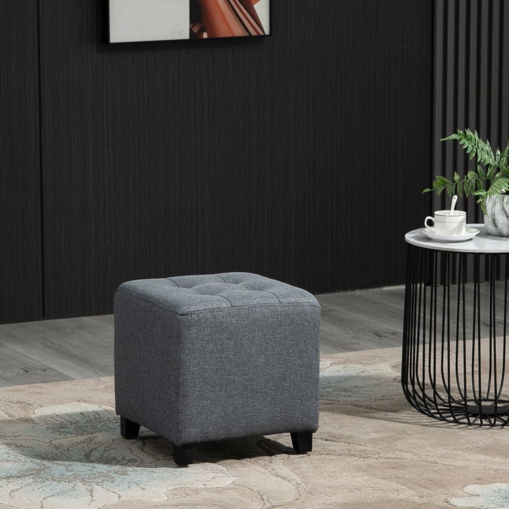 Linen-Look Square Ottoman – Button Tufts Footstool with Wood Frame – Grey