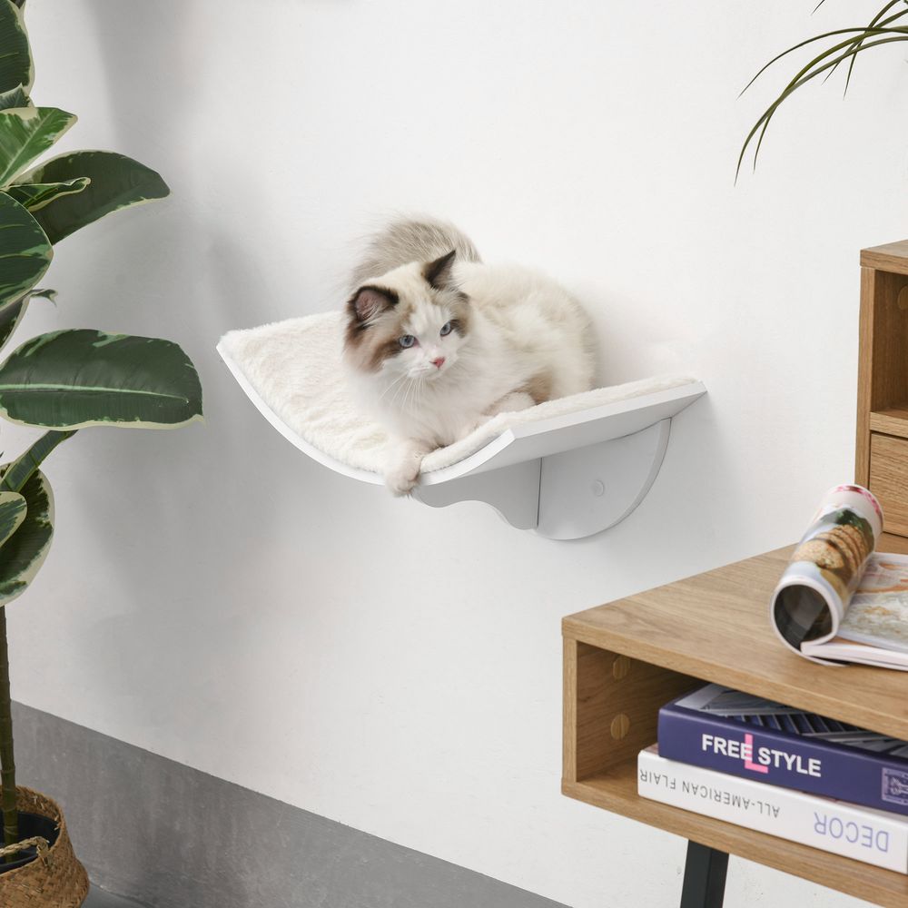 Wall-Mounted Wood Cat Shelf with Curved Climber and Comfortable Kitten Bed
