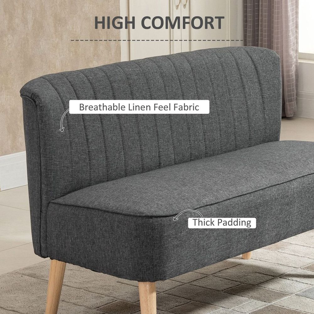 Grey Padded Linen Double Seat Loveseat Couch with Wooden Legs for Comfort