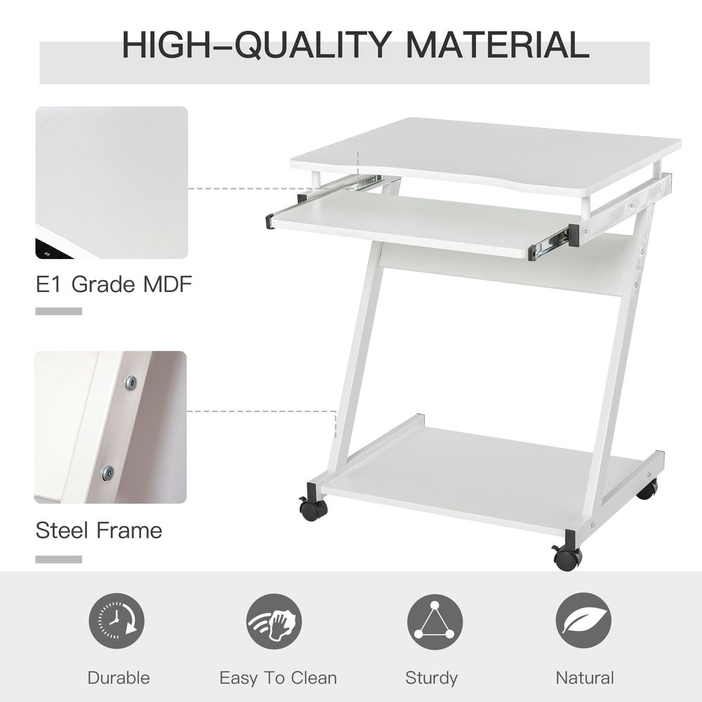 White Computer Desk with Sliding Keyboard Tray and 4 Moving Wheels for Versatile Use