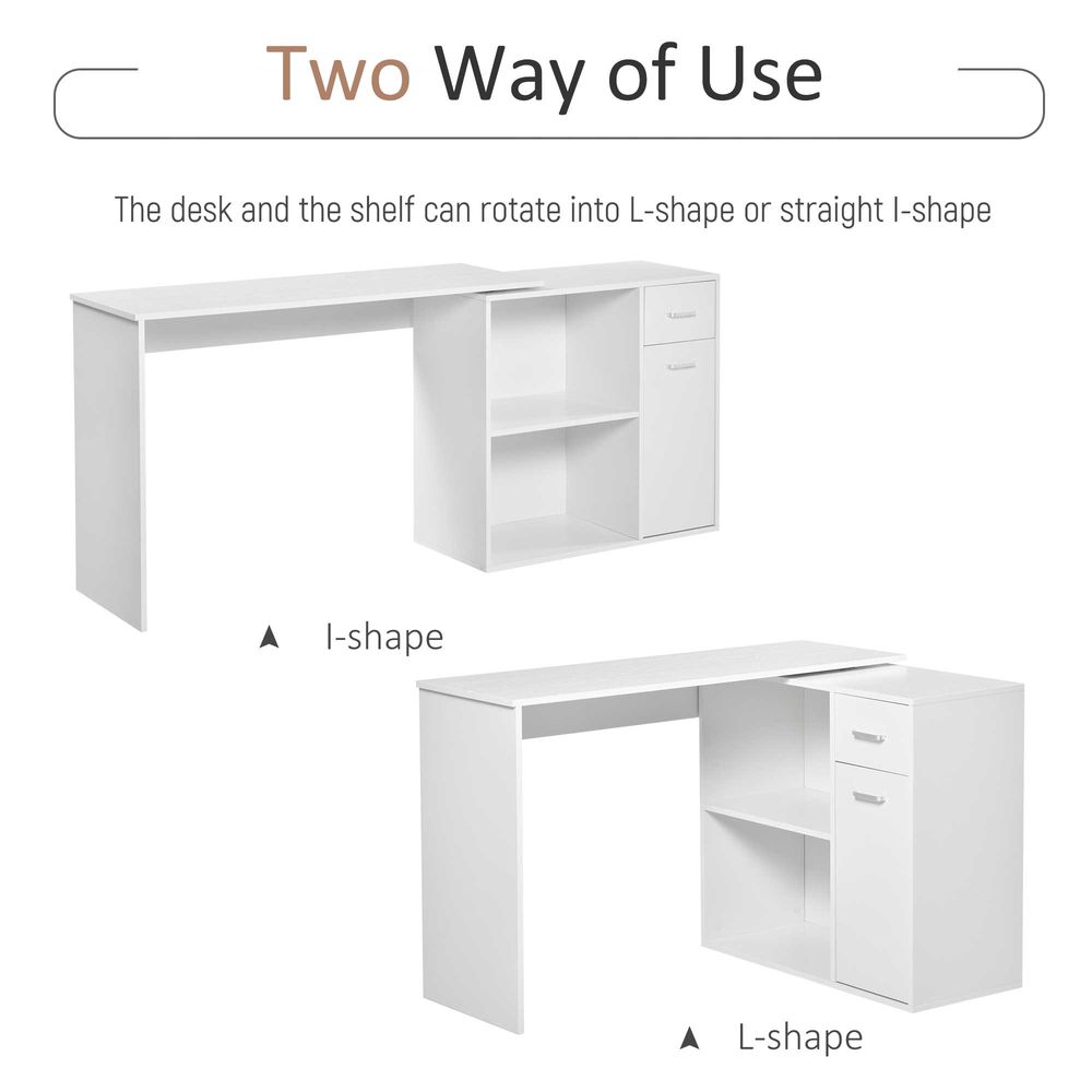 L-Shaped White Computer Desk with 360-Degree Rotating Functionality for Efficient Workspace