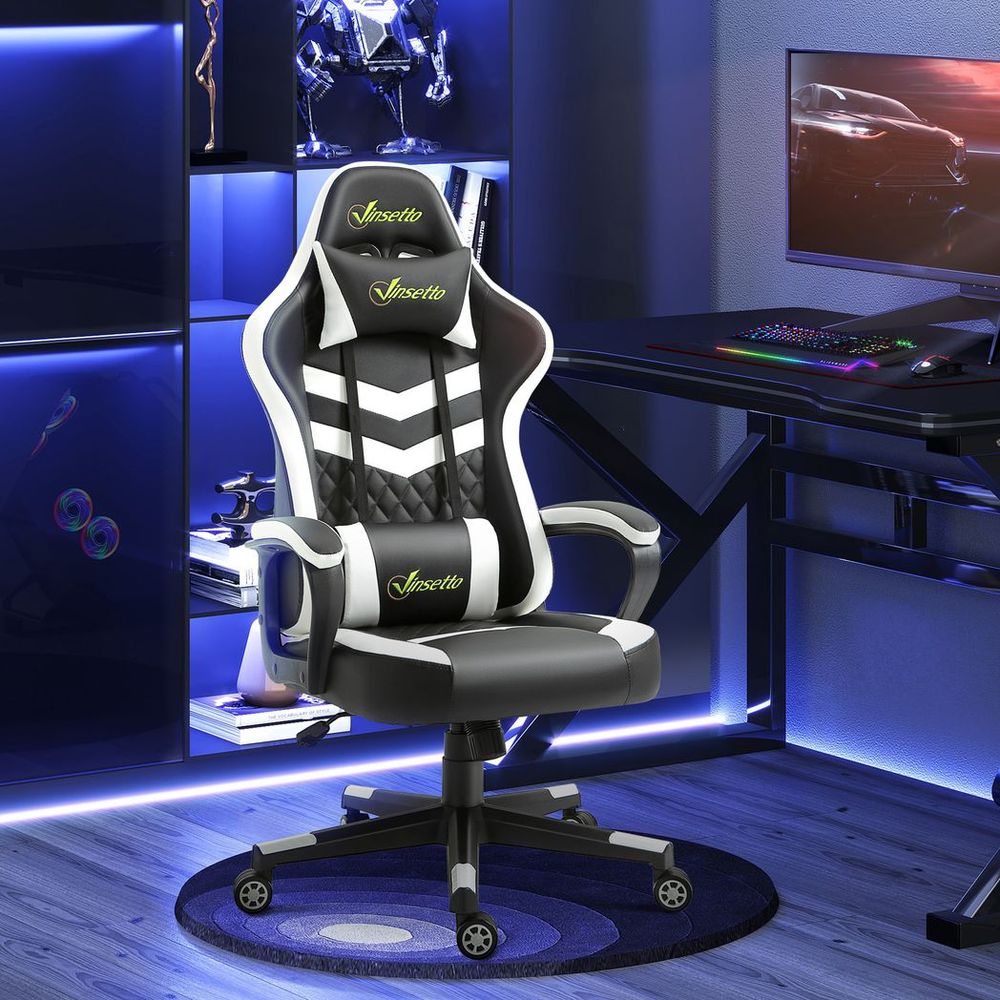 Black and White Gaming Chair with Lumbar Support for Optimal Office Comfort