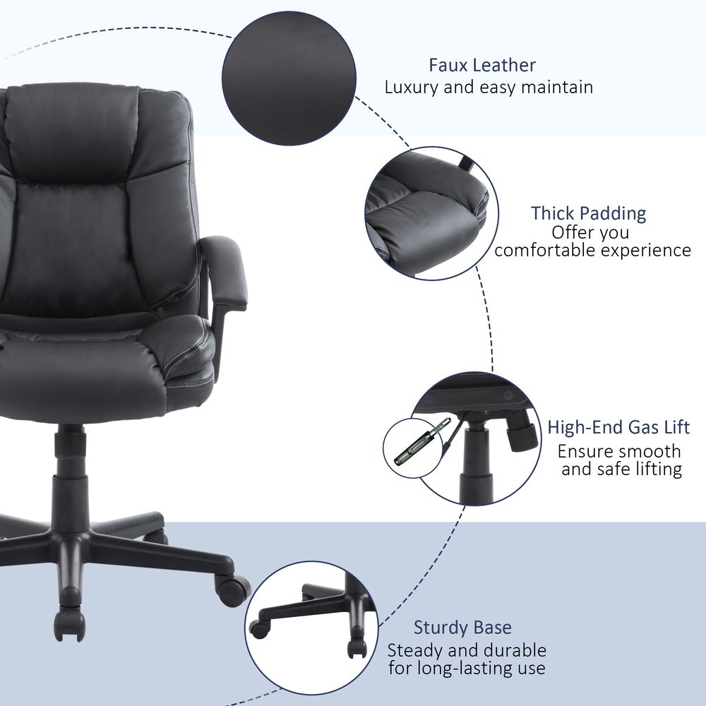 Black PU Leather Mid-Back Swivel Executive Office Chair with Armrests for Comfort