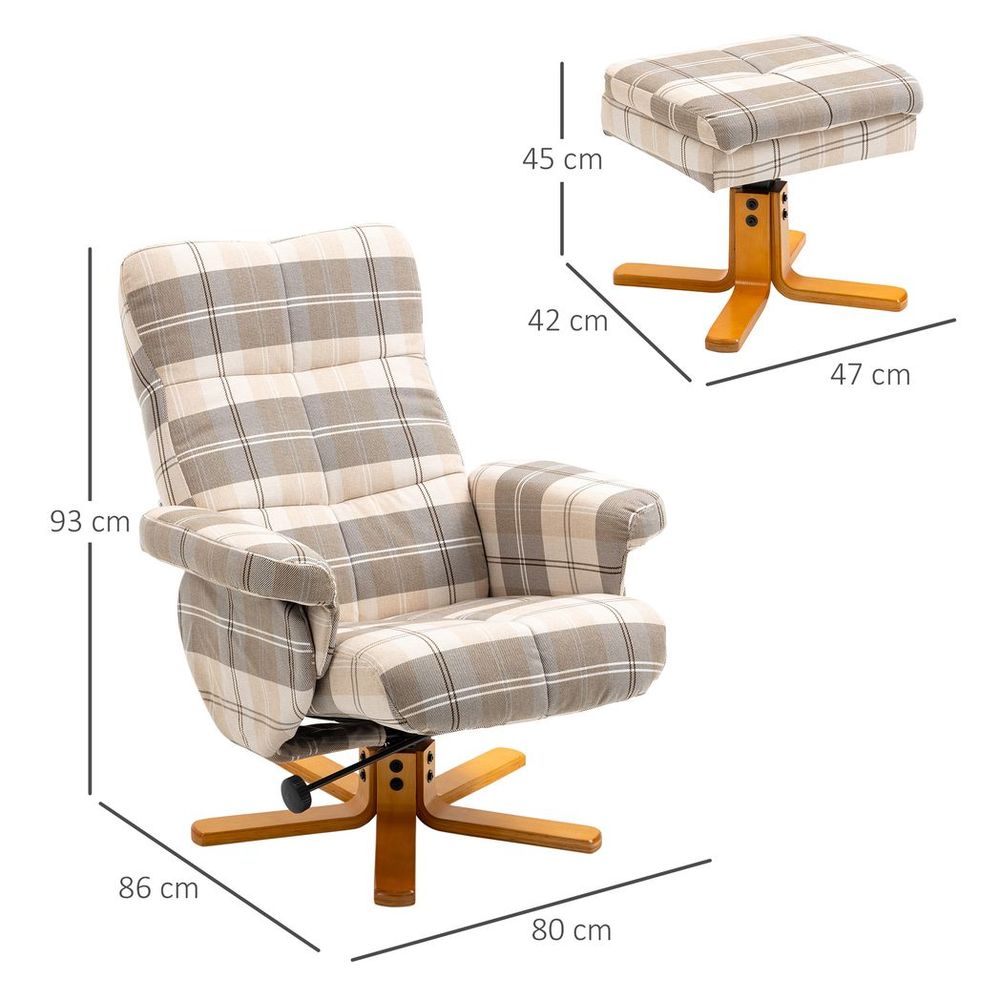 Recliner Chair with Footstool – Linen-Touch Fabric and Wooden Base – Multicolour