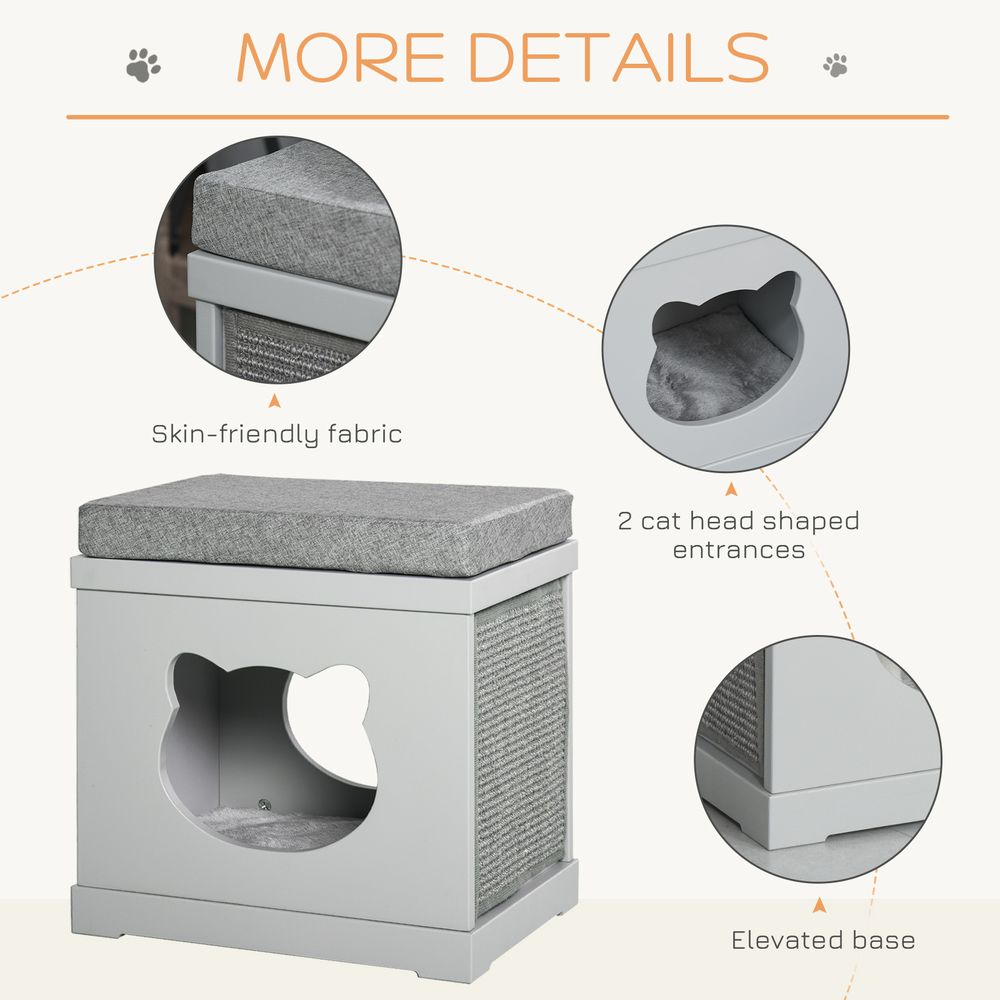 Grey Cat House Bed with Soft Cushion and Sisal Scratching Pad, Ideal for Kittens and Cats