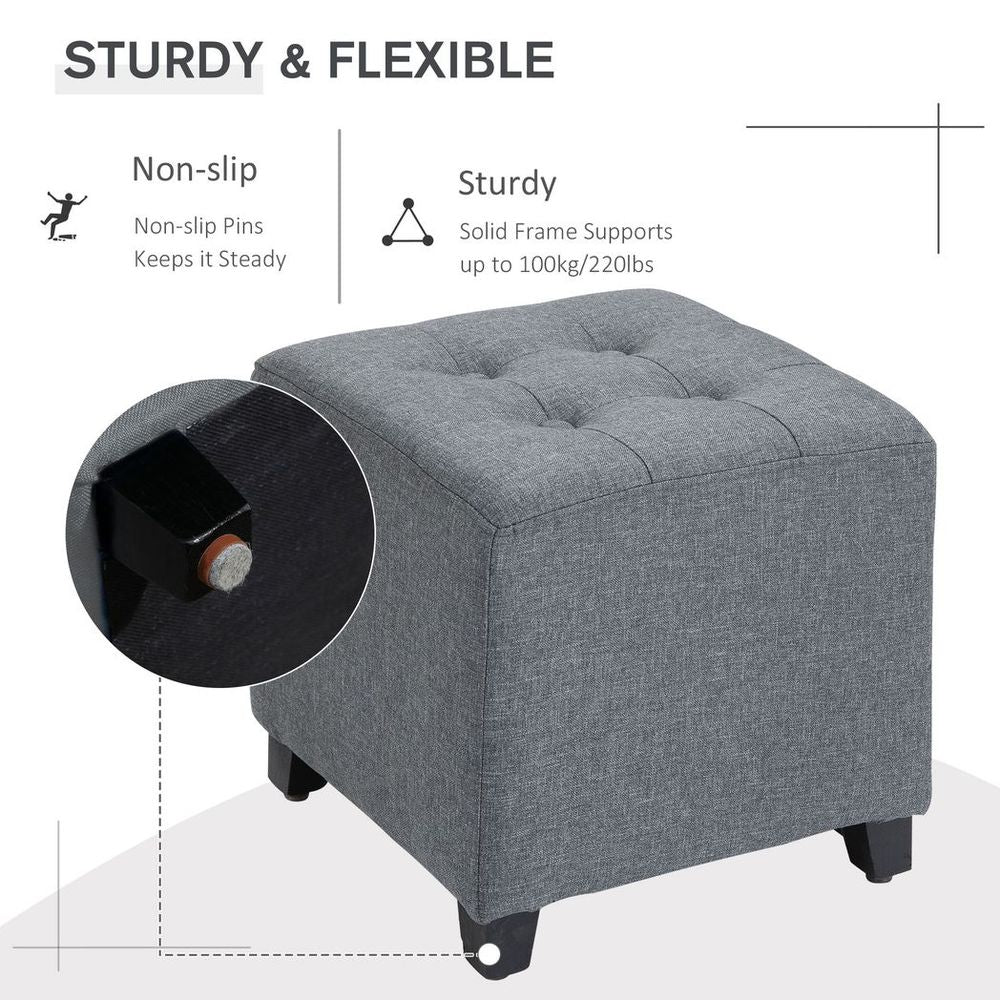 Linen-Look Square Ottoman – Button Tufts Footstool with Wood Frame – Grey