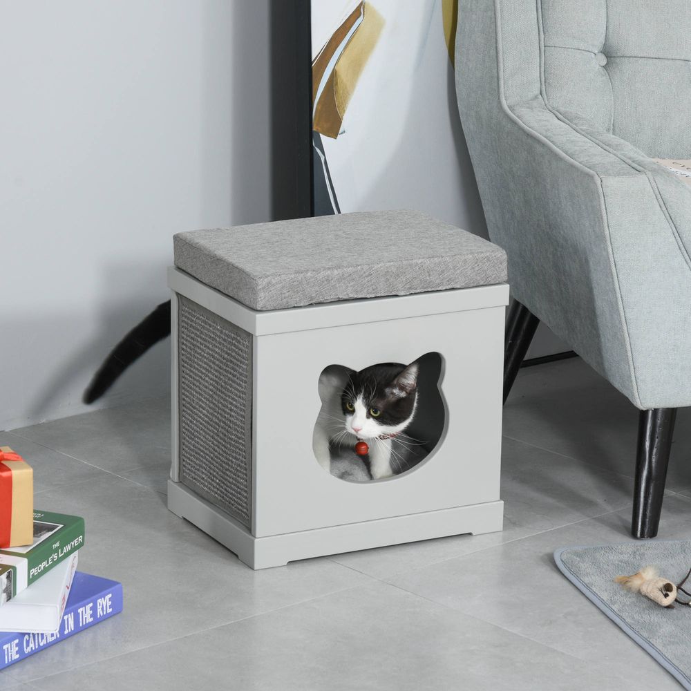 Grey Cat House Bed with Soft Cushion and Sisal Scratching Pad, Ideal for Kittens and Cats