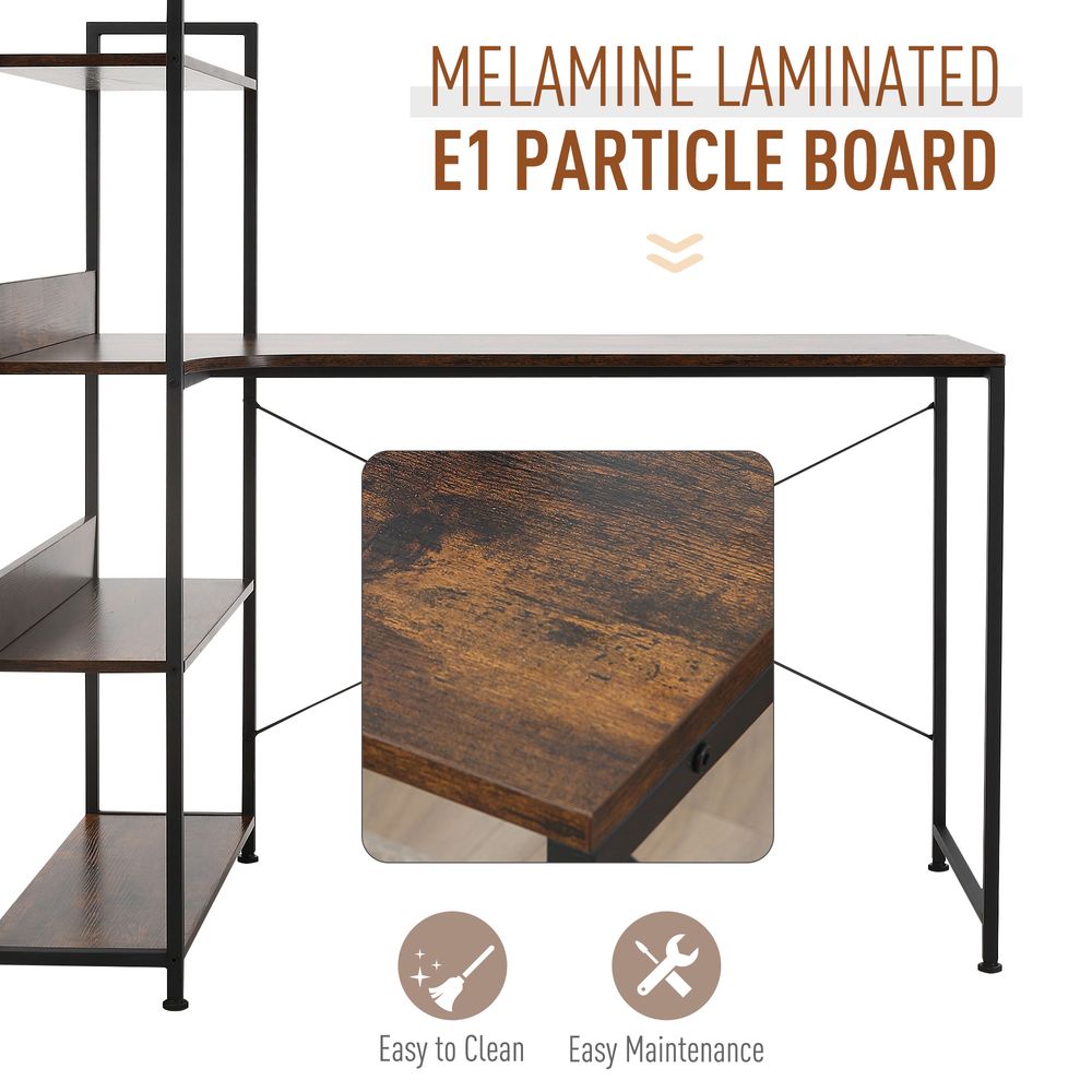 Retro Industrial Computer Desk with 4-Tier Storage Shelf Metal Frame, Brown