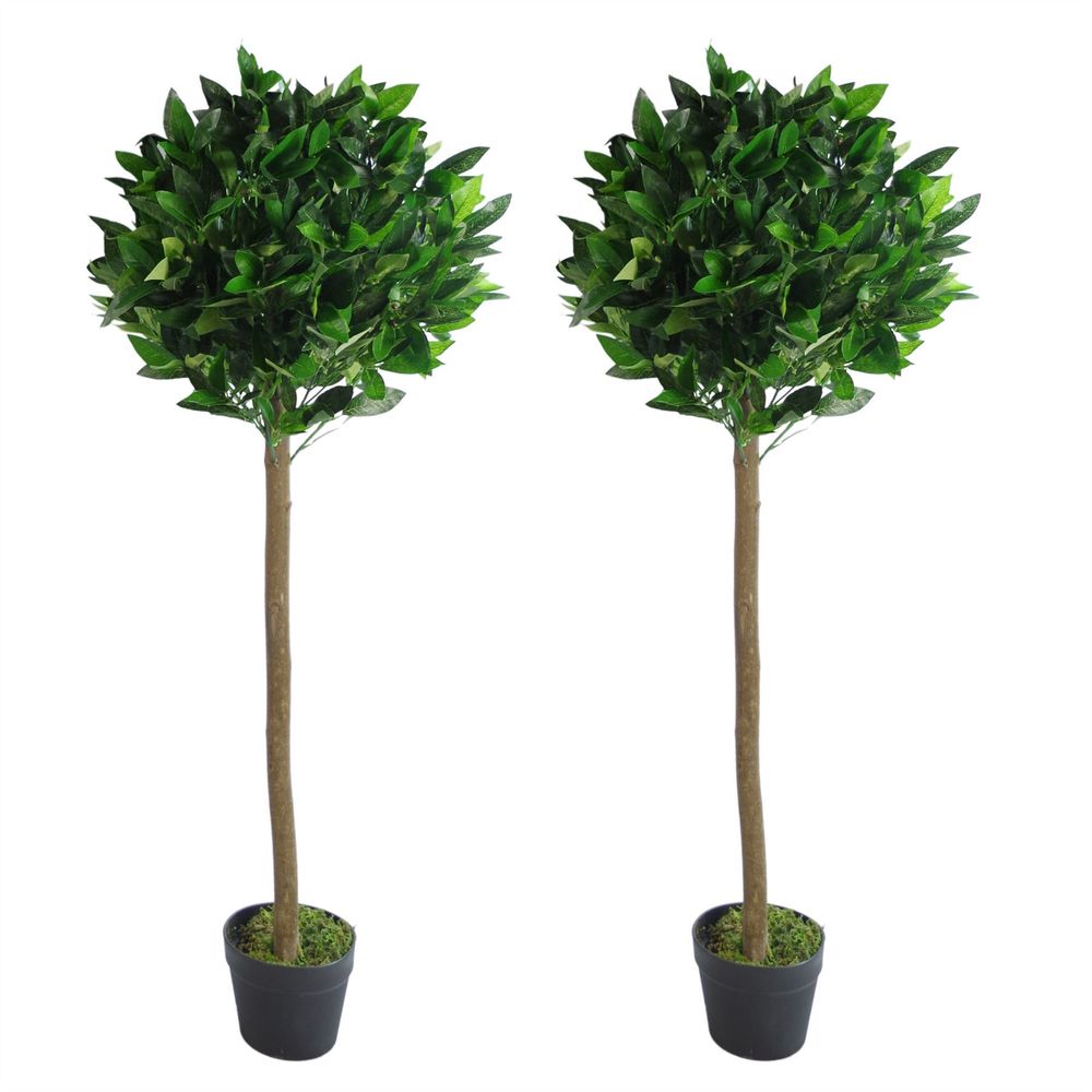 Pair of 120cm Artificial Topiary Bay Laurel Ball Trees with Plain Stem Design