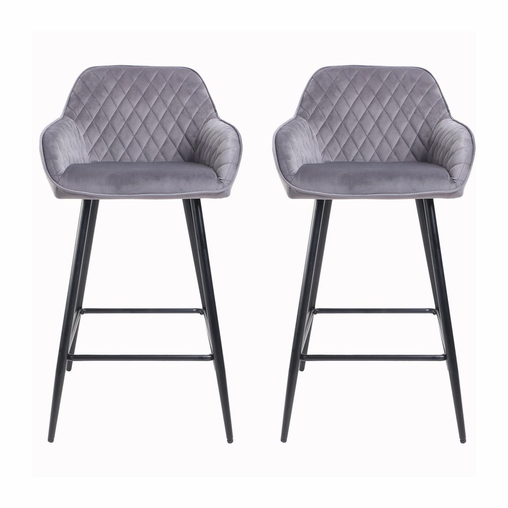 Set of Two Cadiz Dark Grey Crushed Velvet Bar Stools with Black Metal Leg