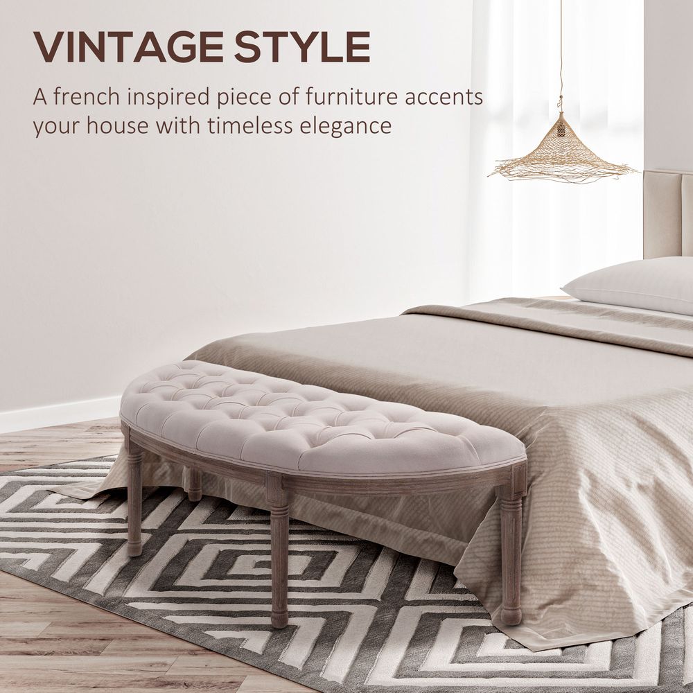 Cream Half-Circle End Bench Ottoman Footstool with Button Tufted Padded Seat