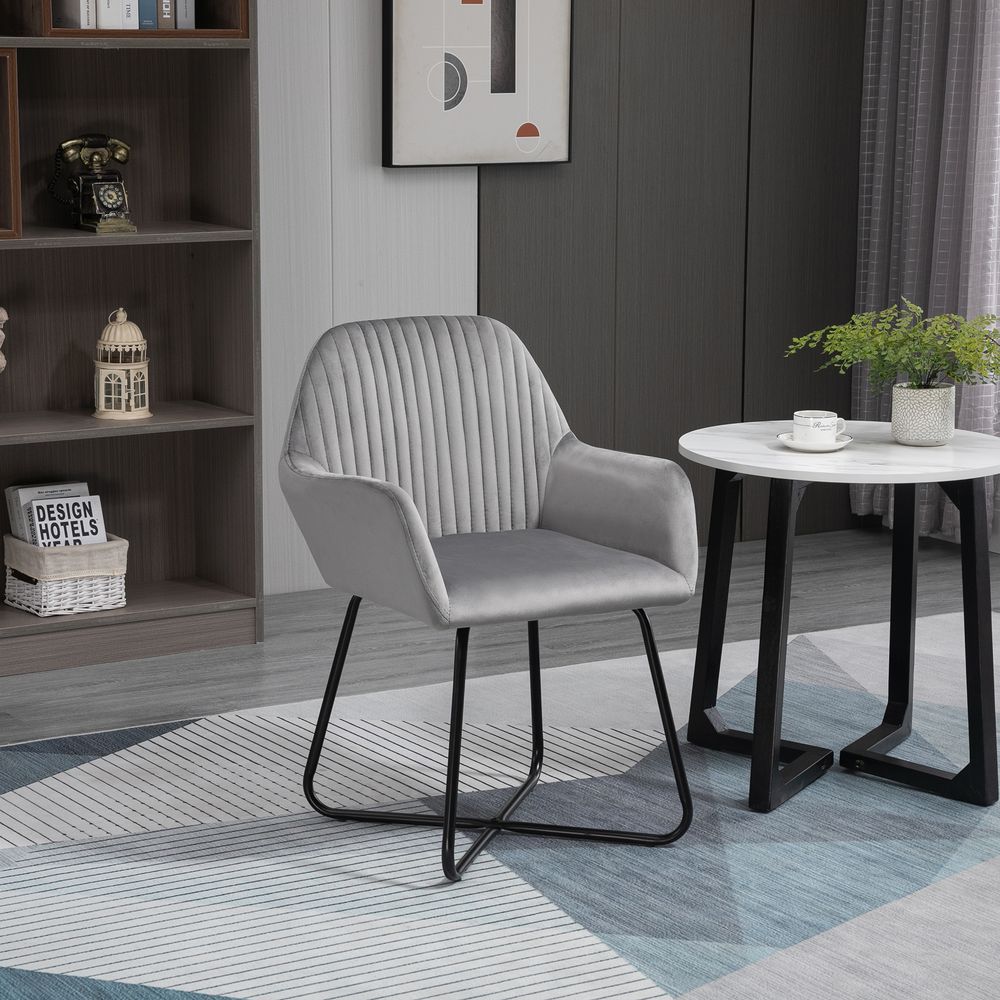 Grey Velvet-Feel Upholstered Accent Chair with Metal Base for Contemporary Style
