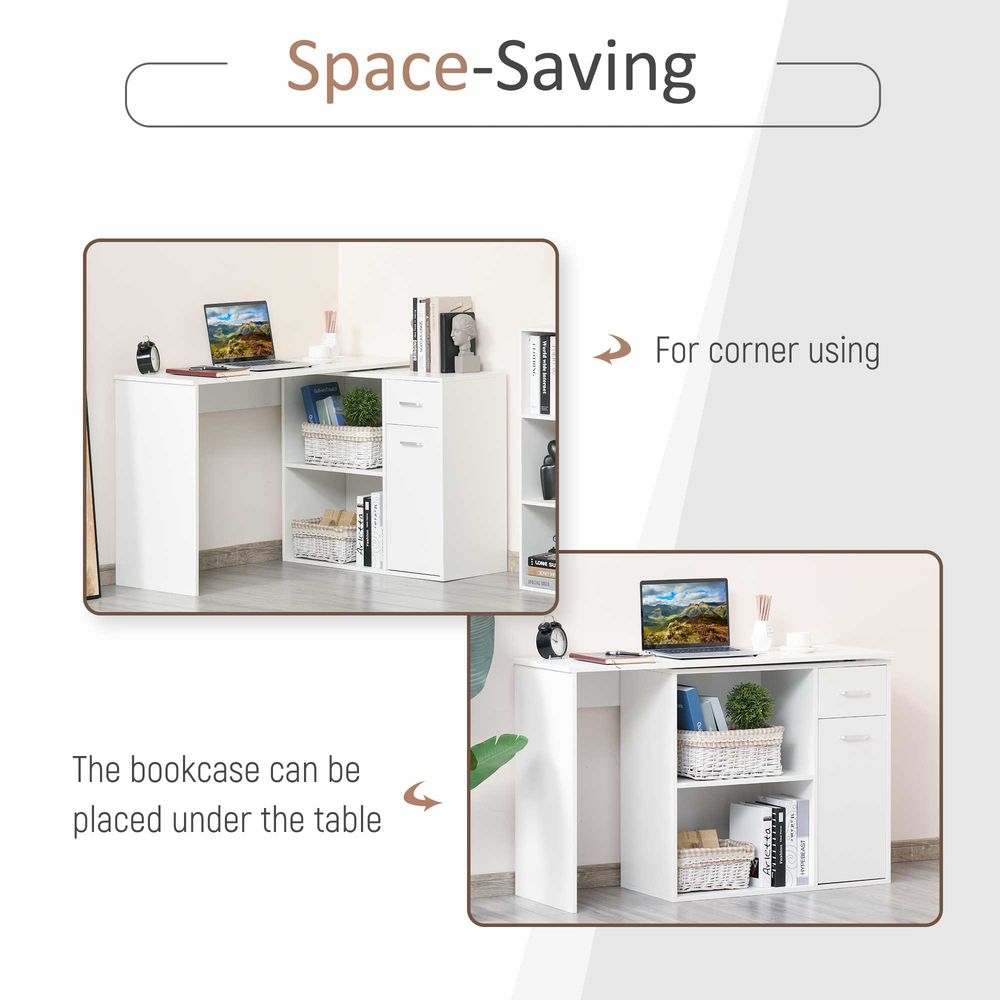 L-Shaped White Computer Desk with 360-Degree Rotating Functionality for Efficient Workspace