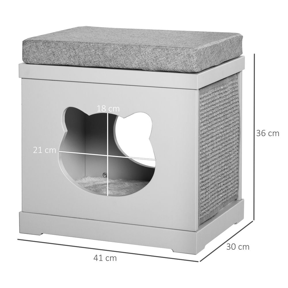Grey Cat House Bed with Soft Cushion and Sisal Scratching Pad, Ideal for Kittens and Cats