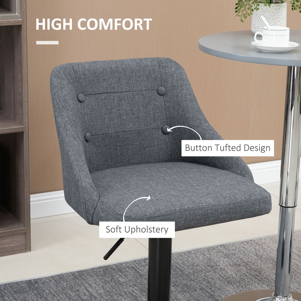 Set of 2 Grey Swivel Bar Stools: Adjustable Height Fabric Chairs