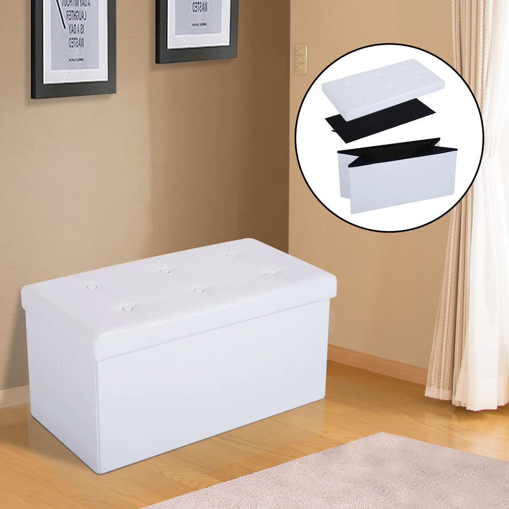Cream White Folding Faux Leather Storage Cube Ottoman Bench Seat