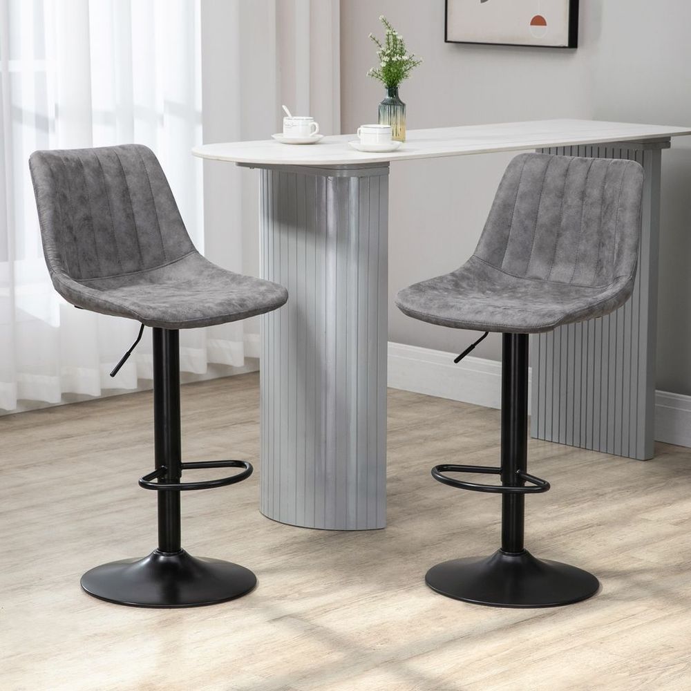 Set of 2 Microfibre Retro Tub Bar Stools - Metal Frame, Footrest, Grey