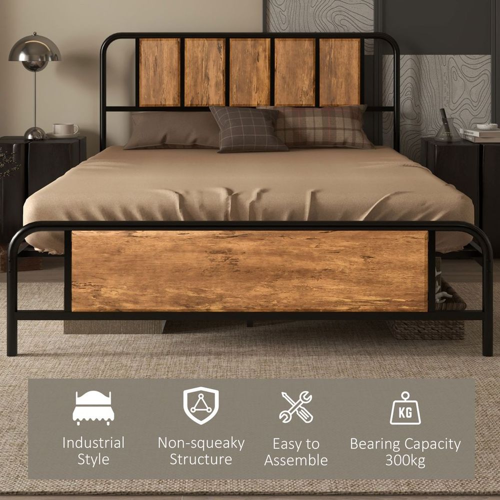 Brown Steel Bed Frame with Headboard, Double Size 145 x 199cm for Bedroom Elegance