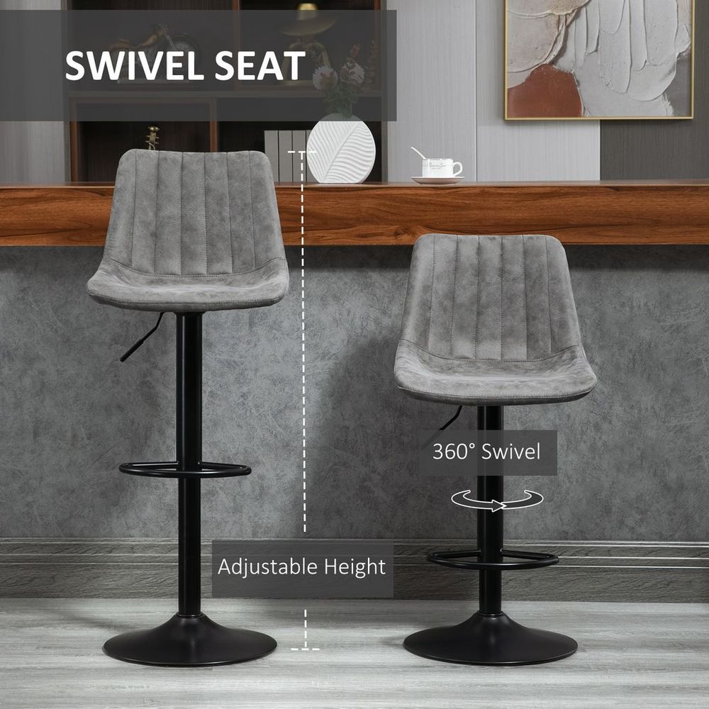 Set of 2 Microfibre Retro Tub Bar Stools - Metal Frame, Footrest, Grey