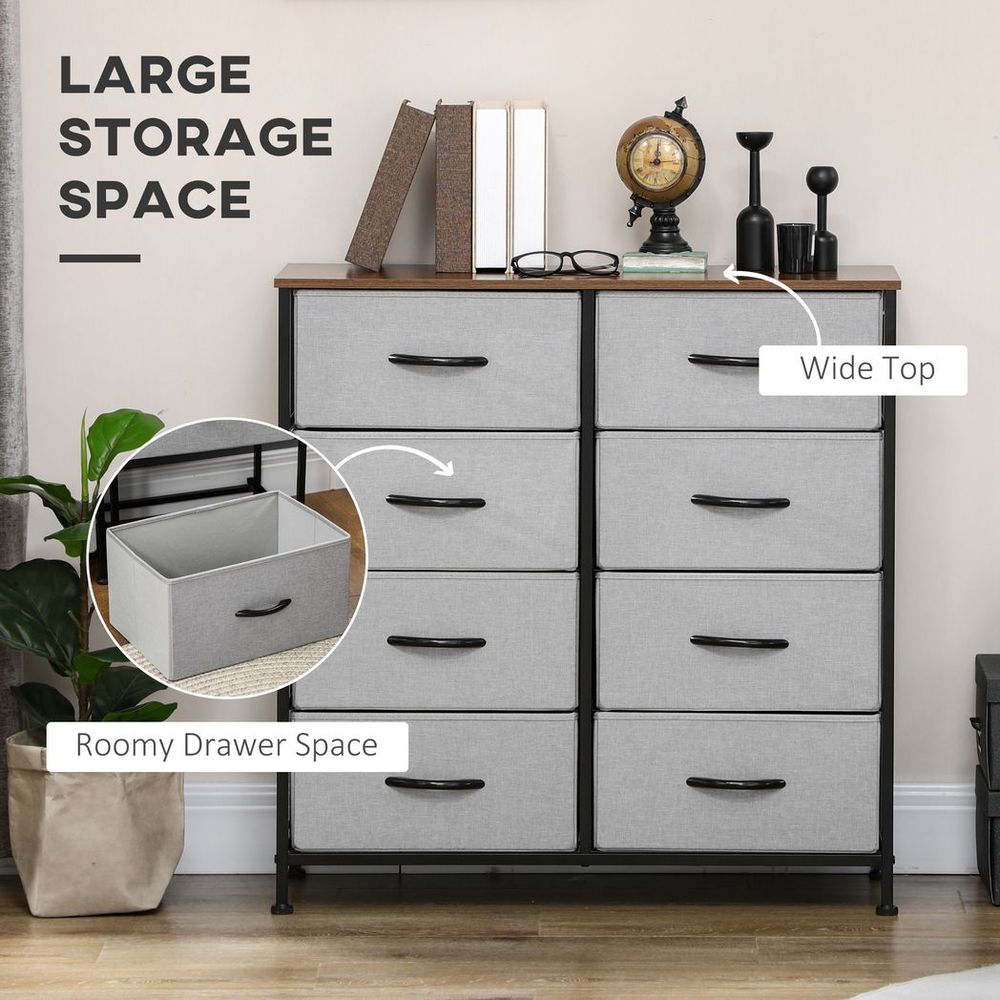 8-Drawer Fabric Chest of Drawers with Wooden Top for Closet and Hallway in Grey