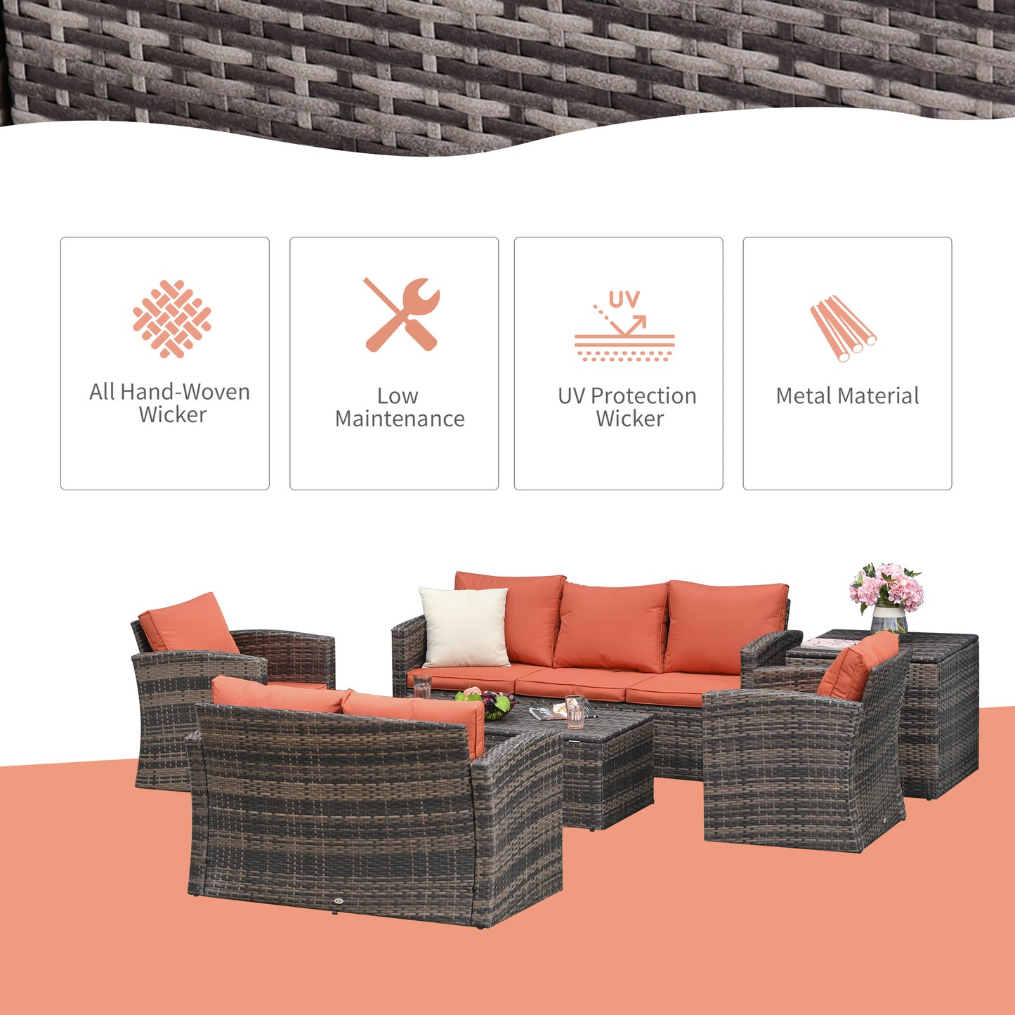 Outdoor 6-Piece Rattan Wicker Sofa Set with Storage & Cushions - Mixed Brown