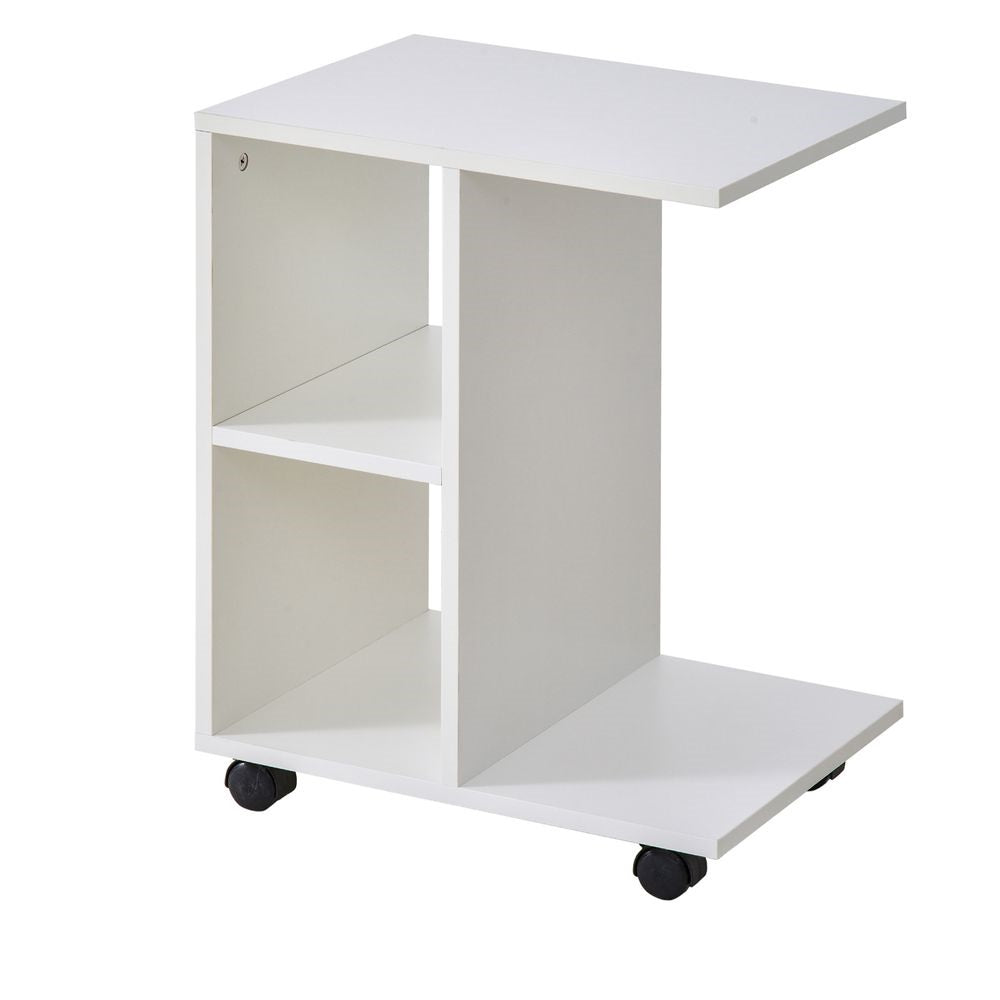 C-Shape End Table – Storage Unit with 2 Shelves and 4 Wheels – White