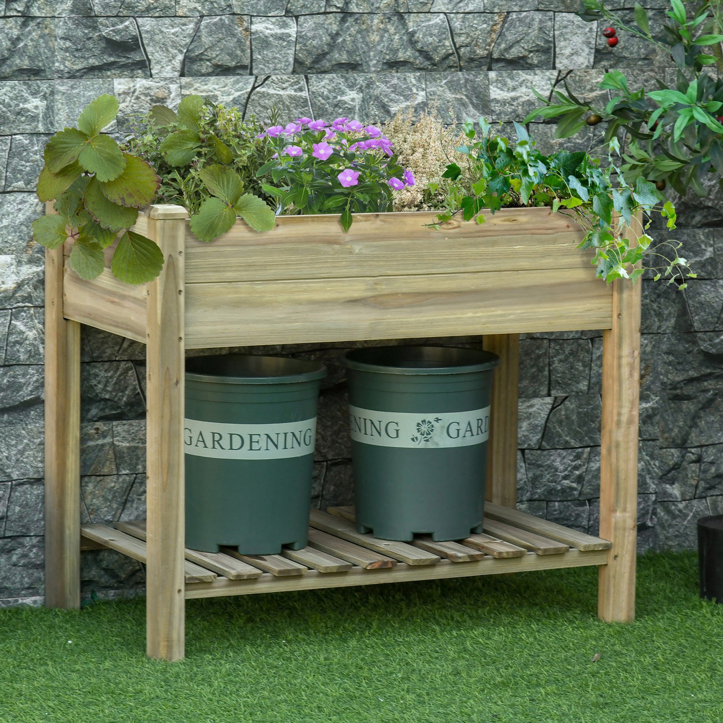 Elevated Wooden Garden Bed with Storage Shelf - Easy Planting Delight!