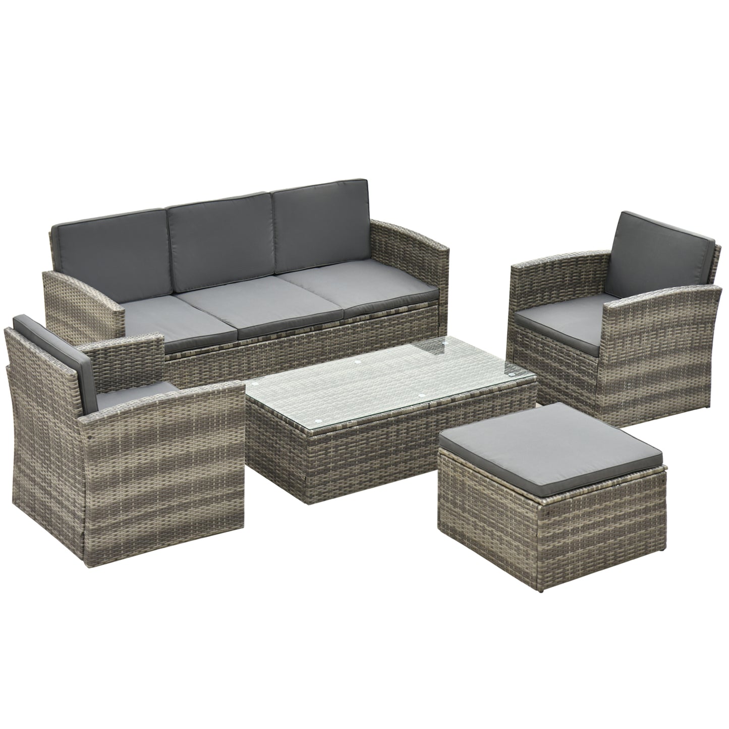 5-Piece Rattan Sofa Set with Cushions & Glass Coffee Table