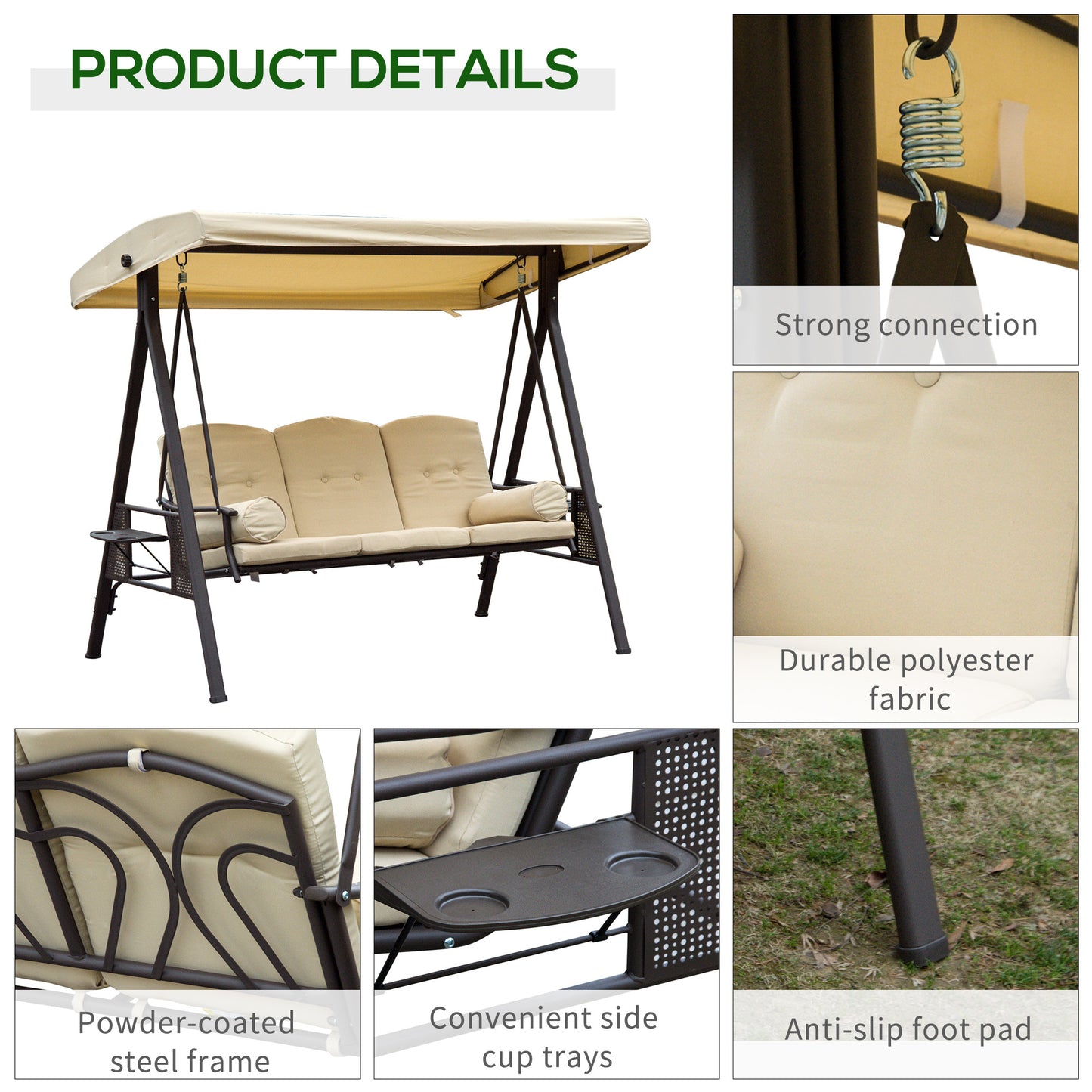 Elegant 3-Seater Steel Swing Chair with Canopy & Cushions for Outdoor Bliss